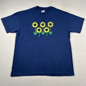 Vintage Hanes Sunflower Shirt‎ Mens XL Embroidered Nature Garden Hippie Navy 90s